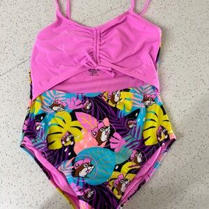 Vibrant Buc-ees Pink Kids One Piece Swimsuit with Animal Print
